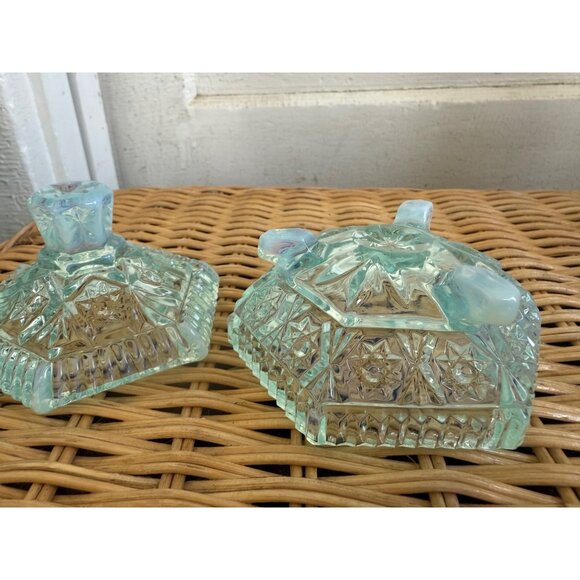 Vintage 50's Fenton Glass Hobstar Blue Opalescent Hexagon Footed Trinket Box - Picture 7 of 9